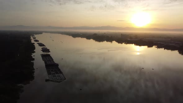 Aerial view fish farm kelong in morning sunrise
