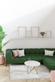Living room in house with modern interior design, green velvet sofa, coffee table, plant, carpet - PhotoDune Item for Sale