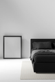 Interior poster mock up on the wall with black bed and flower in bedroom interior. 3D rendering. - PhotoDune Item for Sale
