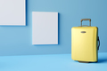 Yellow suitcase on blue background. 3D rendering - PhotoDune Item for Sale