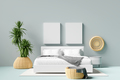 Interior poster mock up on the wall with grey bed and flower in bedroom interior. 3D rendering. - PhotoDune Item for Sale