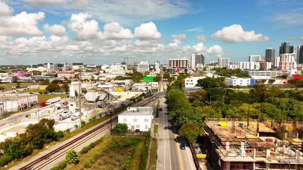 Aerial Approach Wynwood Miami Industrial District By Railroad Tracks