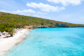 Curacao, Playa Cas Abao in Curacao Caribbean tropical white beach with a blue turqouse colored ocean. Drone aerial view at the beach