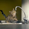 Tabby cat playing with the water from the tap - PhotoDune Item for Sale