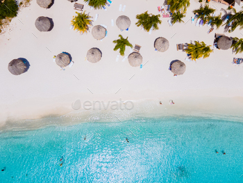 Curacao, Playa Cas Abao in Curacao , white beach with a blue turqouse colored ocean. Drone aerial view
