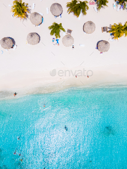 Curacao, Playa Cas Abao in Curacao , white beach with a blue turqouse colored ocean. Drone aerial view