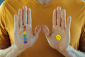 Men's hands with colored emojis in colors of the lgbt flag friendly waving hello - PhotoDune Item for Sale