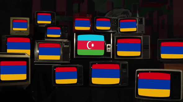 Flag of Azerbaijan among Many Armenian Flags on Retro TVs.