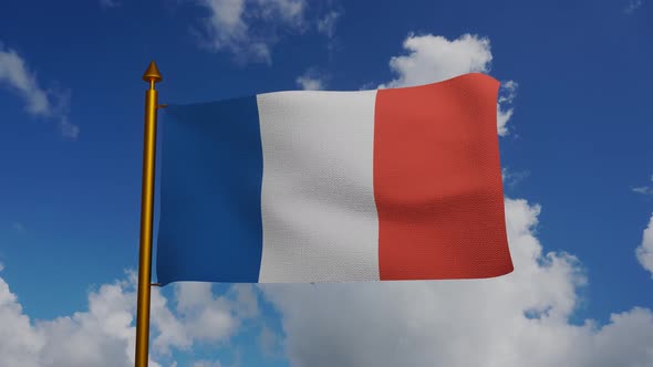National flag of France waving with flagpole and blue sky timelapse