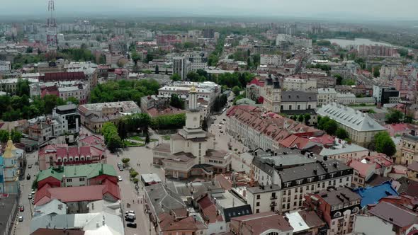 Aerial Drone View Old Historical Buildings of European Town of the Center of Ivano Frankivsk City