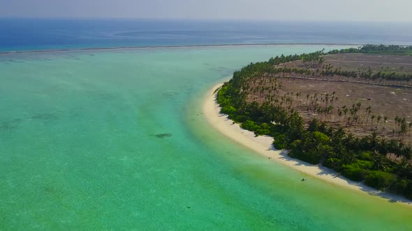 Drone aerial seascape of tropical island beach by blue sea with sand background