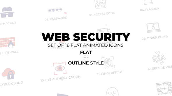 Web Security - Set of 16 Animated Icons Flat or Outline style