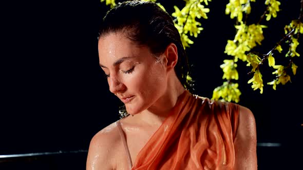 Wet Sexy Lady and Yellow Flowers in Black Background Fascinating Woman in Water Portrait