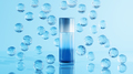 Cosmetic bottle on blue background. Levitating crystal balls. Perfume product presentation. - PhotoDune Item for Sale