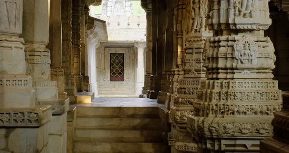 Inside the Sacred Ranakpur Jain Temple or Chaturmukha Dharana Vihara Mandir in Ranakpur, Rajasthan