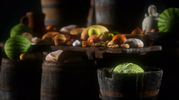 Food Table with Wine Barrels and Some Fruits Vegetables and Bread