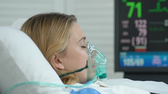 Female Patient With Oxygen Mask Lying Hospital Bed, Emergency Medicine Operation