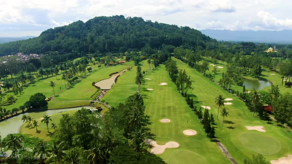 Luxurious exotic golf course, grand exclusive venue aerial panoramic view