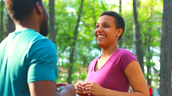 African American Couple Talking Together in Summer Park