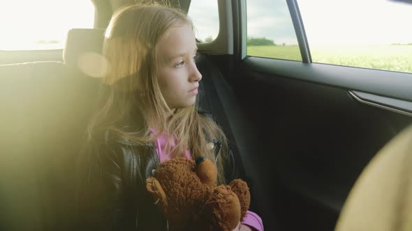 Pretty Girl with Teddy Bear Looking Out Window During Summer Car Trip Lifestyle