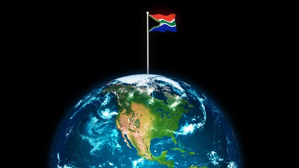 3d Rotated Planet Earth On Flying South Africa Flag Animation