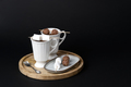 Cups of hot chocolate drink with marshmallows and chocolates skewers - PhotoDune Item for Sale