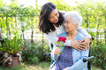 Caregiver daughter hug and help  Asian senior woman holding red rose on wheelchair in park. - PhotoDune Item for Sale