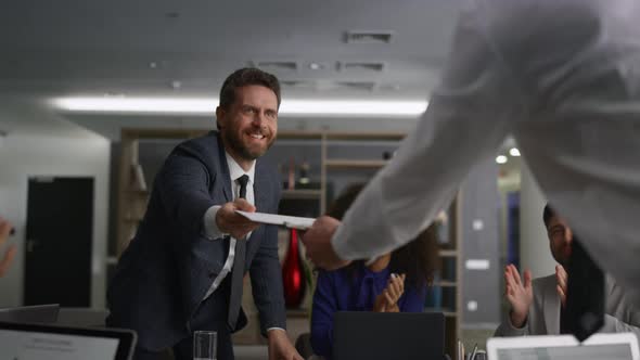 Business Partners Shake Hands Making Agreement in Financial Company Office