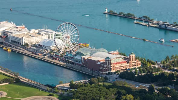 Chicago Navy Pier Ferris Wheel and Boats on Lake Michigan Aerial Day 