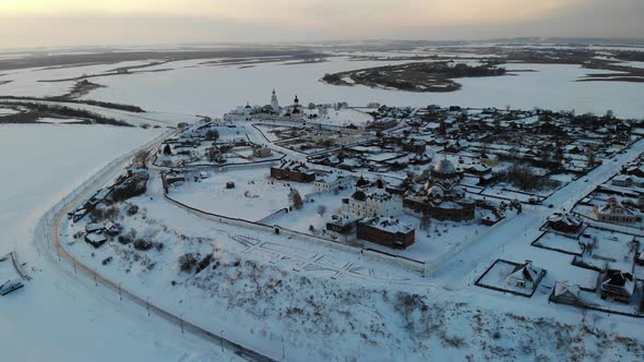 Sviyazhsk Island in Volga River at Winter Small City Village Cathedral Sunset