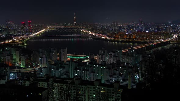Aerial Korea Building and Cityscape at Seoul Night