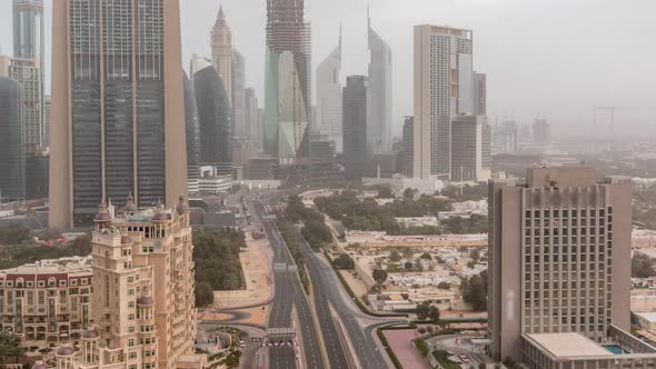 Dubai Downtown Skyline at Morning Aerial Timelapse with Traffic on Highway