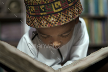 Smart school Asian boy reading an antique book at the Pedir Museum Aceh