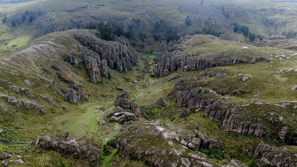 Panorama Of The Stone Forest At Santa Apolonia Hill Inside The Cumbemayo In Peru. aerial
