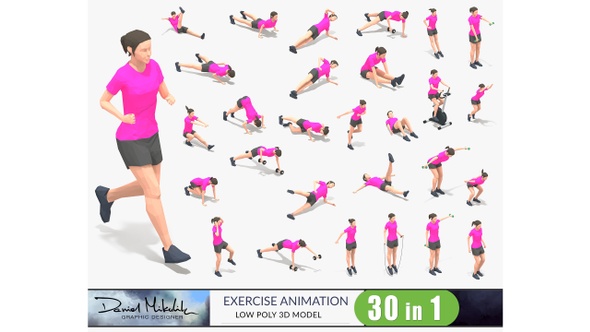 30 animations of woman exercise on white background, MP4 and GIF files, LOOPED