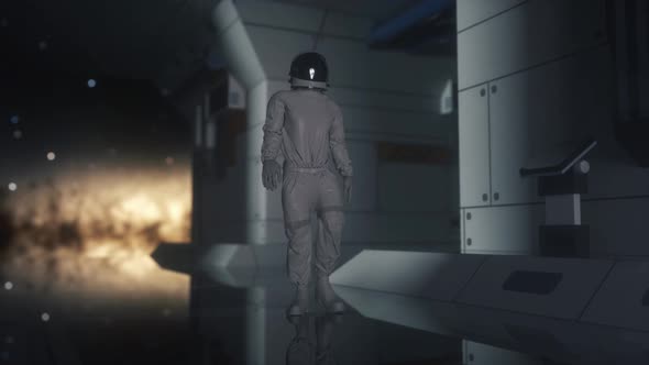 Astronaut Walking in Futuristic Spaceship Scifi Shuttle Corridor