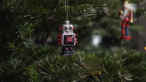 Vintage Robot  Decoration Toys on Christmas Tree. 4K Shot. 