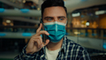 Business call in quarantine unhealthy sick man male shopper wears medical mask speaks mobile phone - PhotoDune Item for Sale