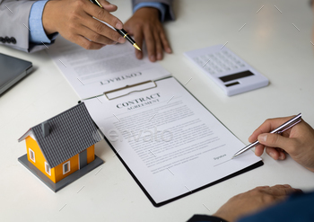  terms of the home purchase contract. Businessman signing a contract agreement, mortgage, rent, lease, home insurance.