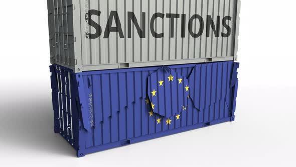 Container with SANCTIONS Text Breaks Container with Flag of EU