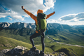 Successful woman backpacker hiking on alpine mountain peak - PhotoDune Item for Sale