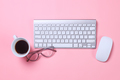 Feminine desk creative workspace on pink theme - PhotoDune Item for Sale