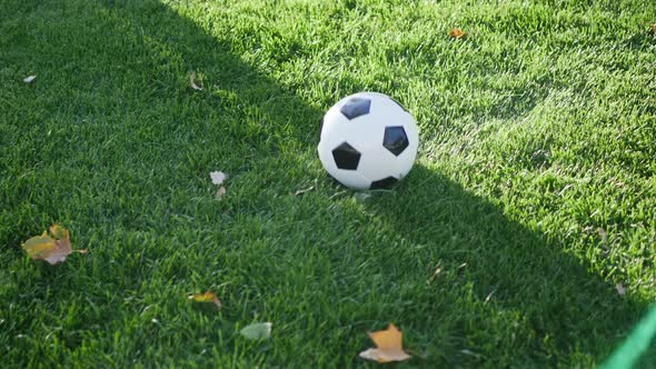 An athletic soccer player dribbling a football up the field to score a goal to win the sports game S