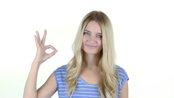 Woman Showing Ok Sign, White Background