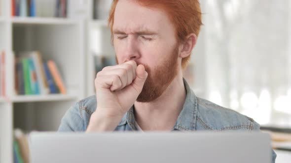 Coughing Sick Casual Redhead Man Working on Laptop
