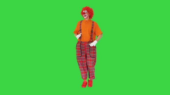 Clown in a Red Wig Walking and Greeting Everyone on a Green Screen Chroma Key