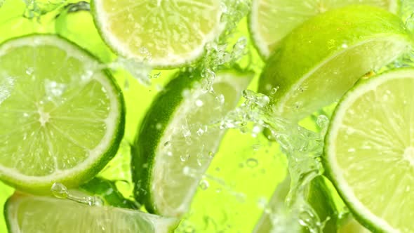 Super Slow Motion Shot of Lime Slices Falling Into Water on Green Background at 1000Fps