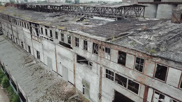 Abandoned ruined industrial factory building, ruins and demolition concept. Aerial view