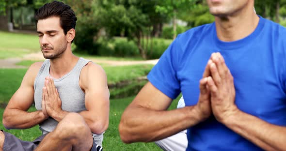 Group of people performing yoga exercise in the park