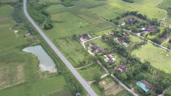 Aerial View Village Near Road Surrounded By Lush Fields